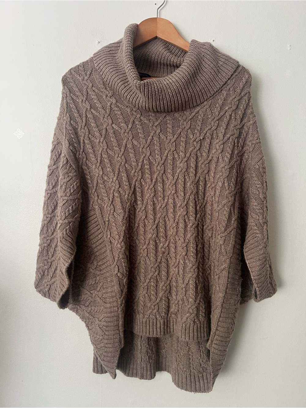 Design History Cable Knit Turtleneck Poncho Sweater, taupe, size L, casual chic